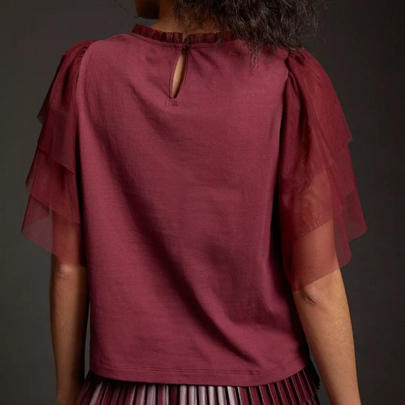 Let Me Be Wine Red Sequin Top with Tulle Sleeves - Picture 3 of 5